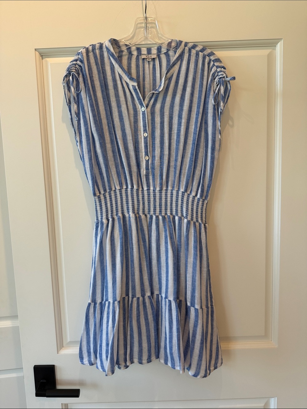 Rails Blue and White Striped Smocked-Waist Linen-Blend Mini Dress